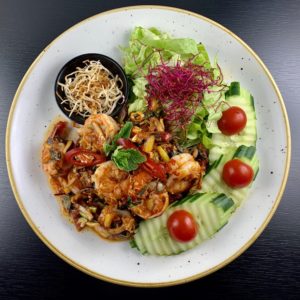Spicy shrimps salad in Sabai Thai Restaurant, Etoy